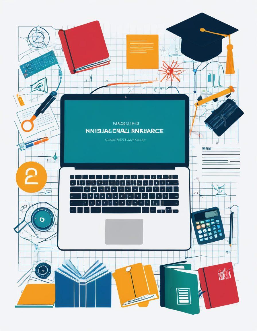An illustrated toolkit filled with academic essentials like books, a laptop, and charts representing financial aid. In the background, a graduation cap and diploma symbolize success. Surrounding the toolkit are icons of insurance policies and financial graphs, suggesting navigation through complex systems. The color scheme is vibrant, conveying optimism and support. vector art. vibrant colors. white background.