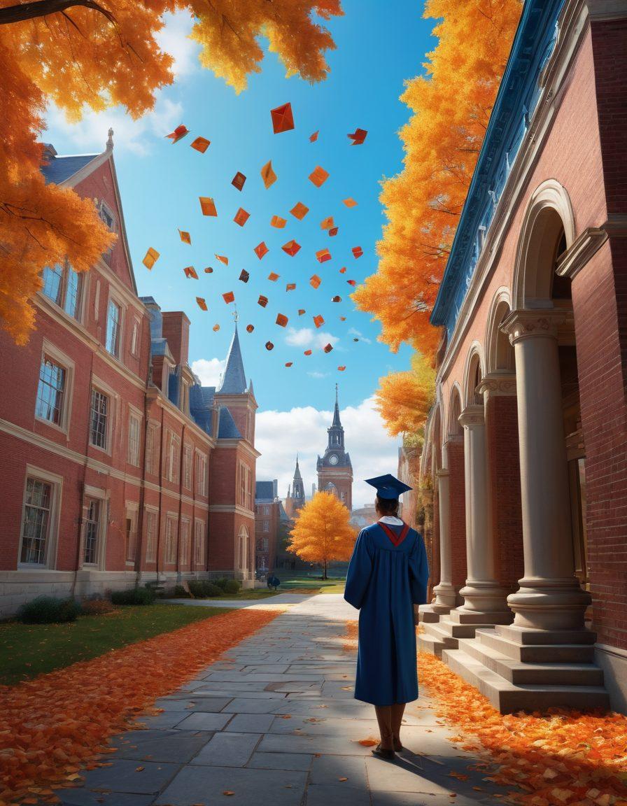 A graduate student with a thoughtful expression, surrounded by floating icons representing various insurance solutions like health, travel, and academic funding. In the background, a university campus with vibrant autumn colors and a clear blue sky. A stack of books on the ground with the words 'PhD Journey' prominently displayed. Emphasize a sense of exploration and guidance in this educational scenario. super-realistic. vibrant colors. 3D.