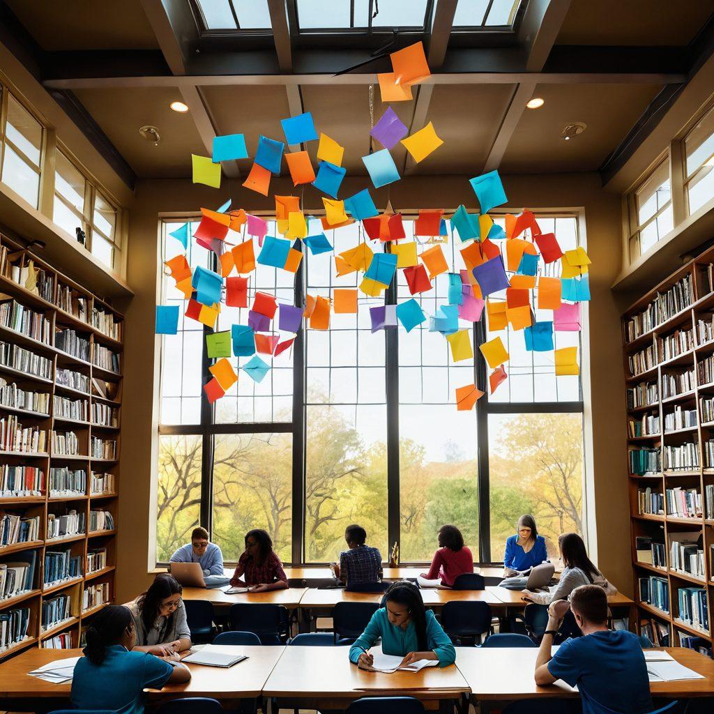 A collage of diverse students studying in a vibrant library, surrounded by stacks of books, scholarship certificates, and insurance plan documents. Add symbols of financial success such as dollar signs and graduation caps, intertwined with nature elements like trees and sunlight. The atmosphere should be inspiring and hopeful, representing various funding options available for graduate studies. bright colors. vector art. motivational style.